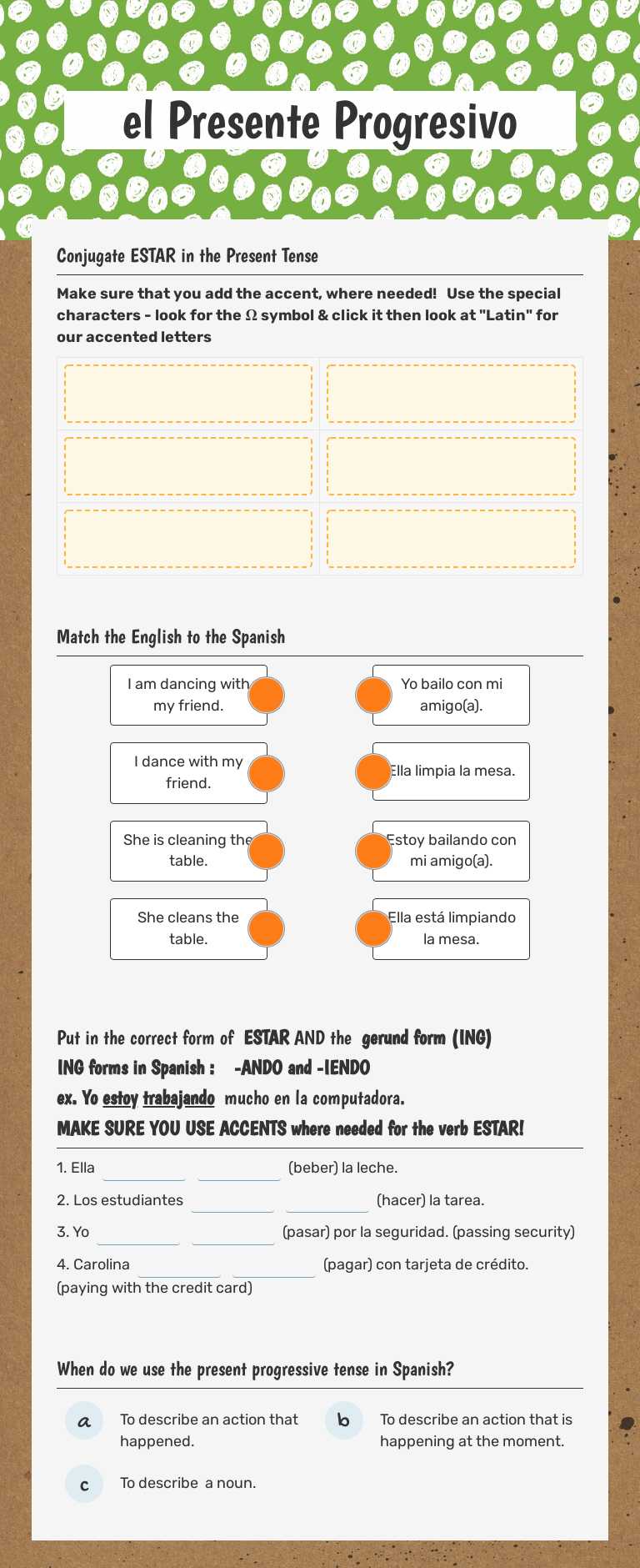 el Presente Progresivo worksheet preview image