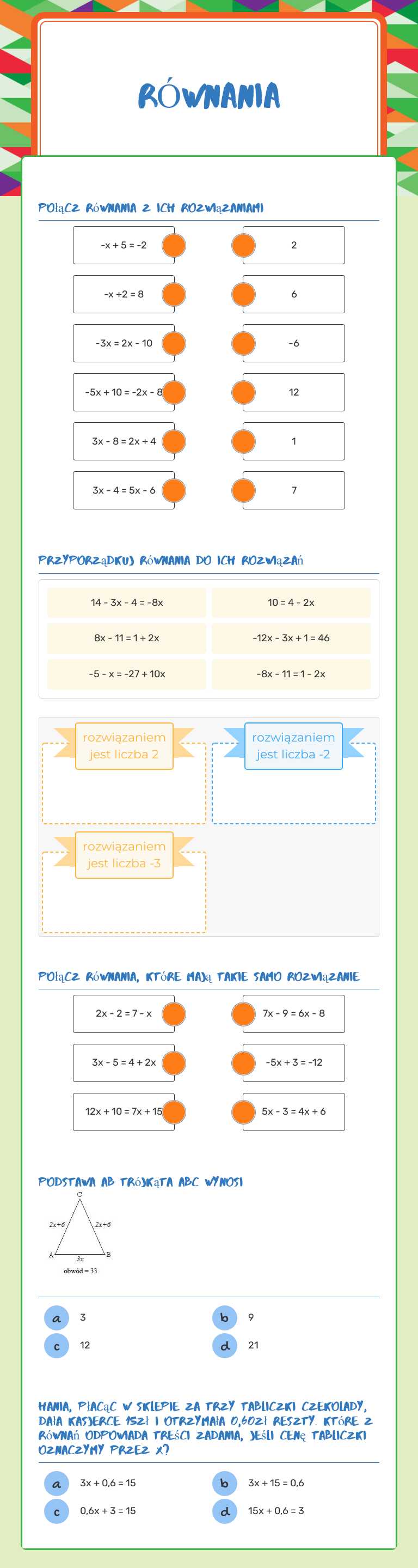 Równania Grade 6 worksheet preview