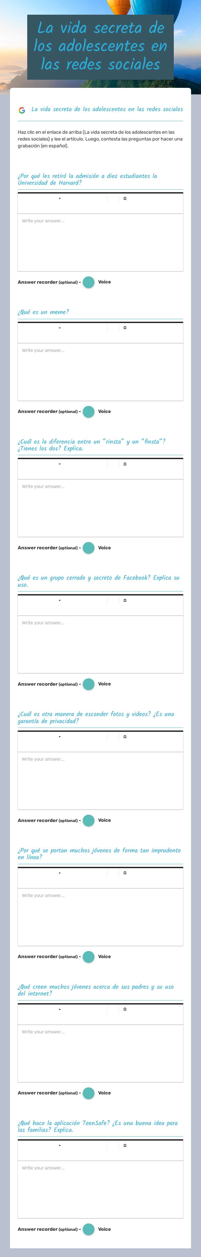La vida secreta de los adolescentes en las redes sociales worksheet preview image
