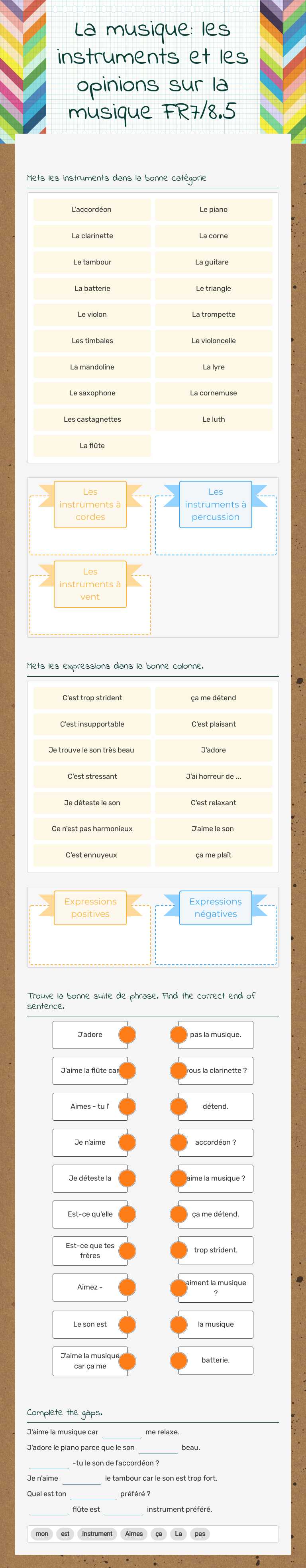 La musique: les instruments et les opinions sur la musique FR7/8.5 Grade 7 worksheet preview