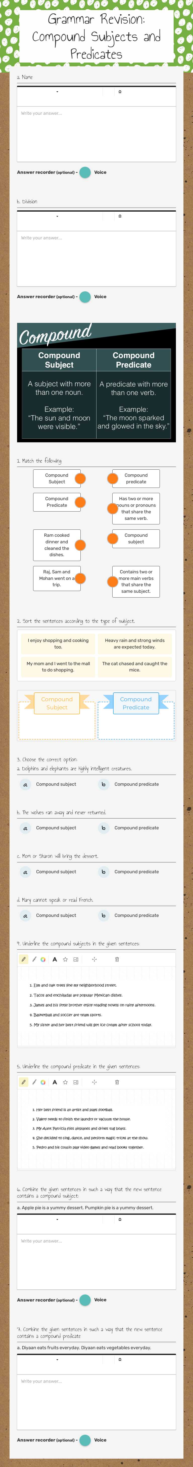 Grammar Revision: Compound Subjects and Predicates worksheet preview image