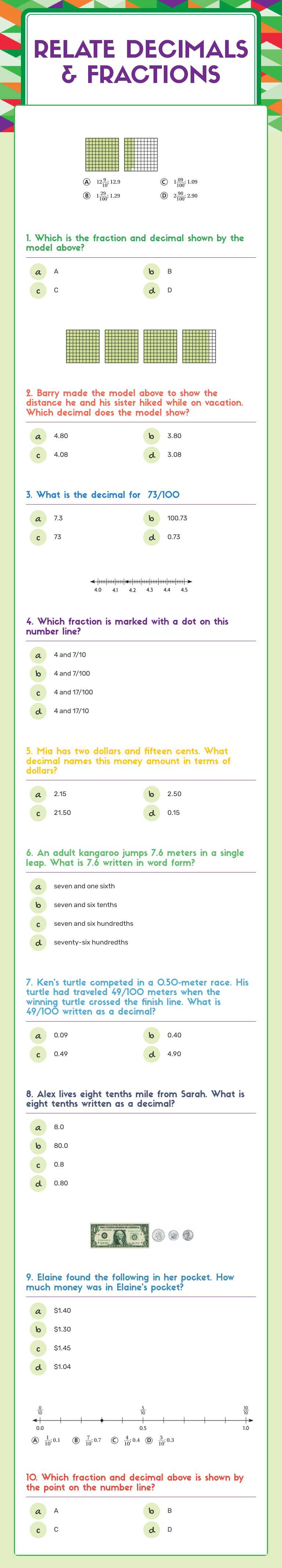 Relate Decimals 
& Fractions worksheet preview image