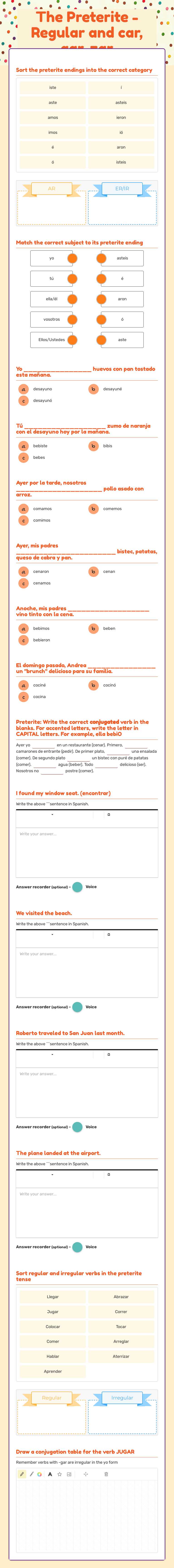 The Preterite - Regular and car, gar, zar worksheet preview image