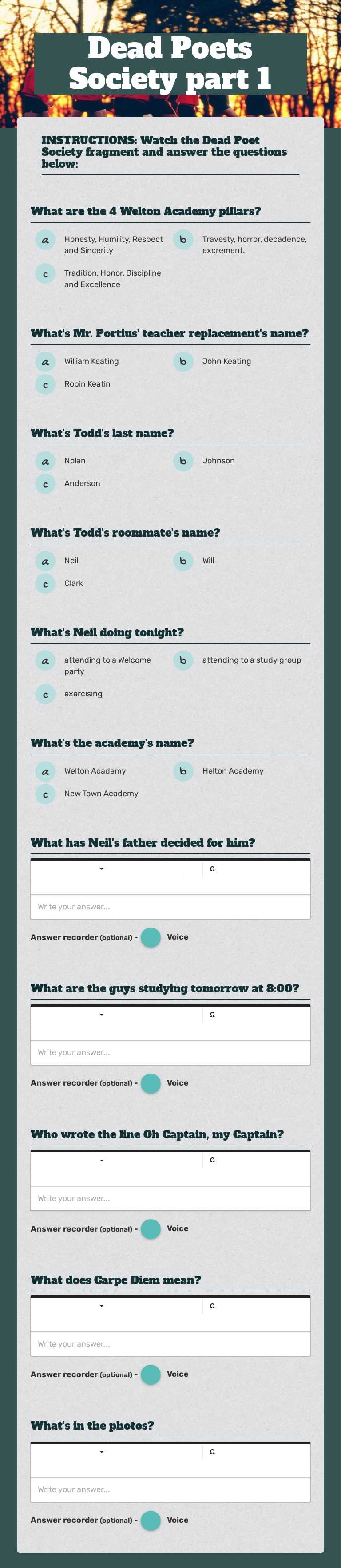 Dead Poets Society part 1 worksheet preview image
