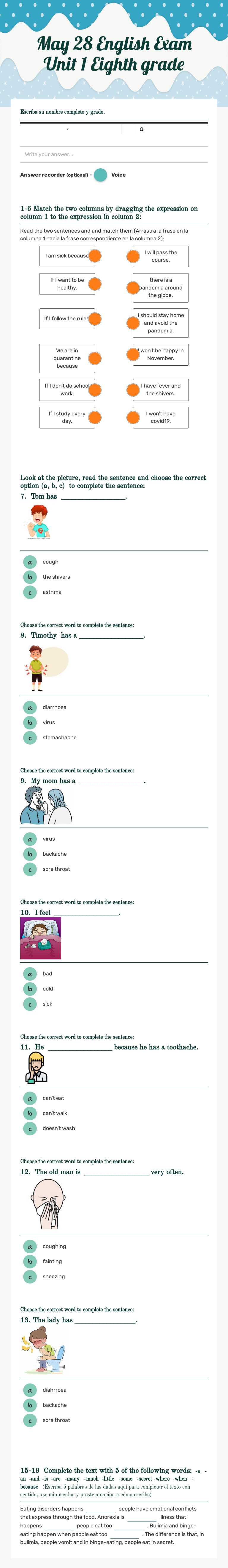 May 28 English Exam Unit 1 Eighth grade worksheet preview image