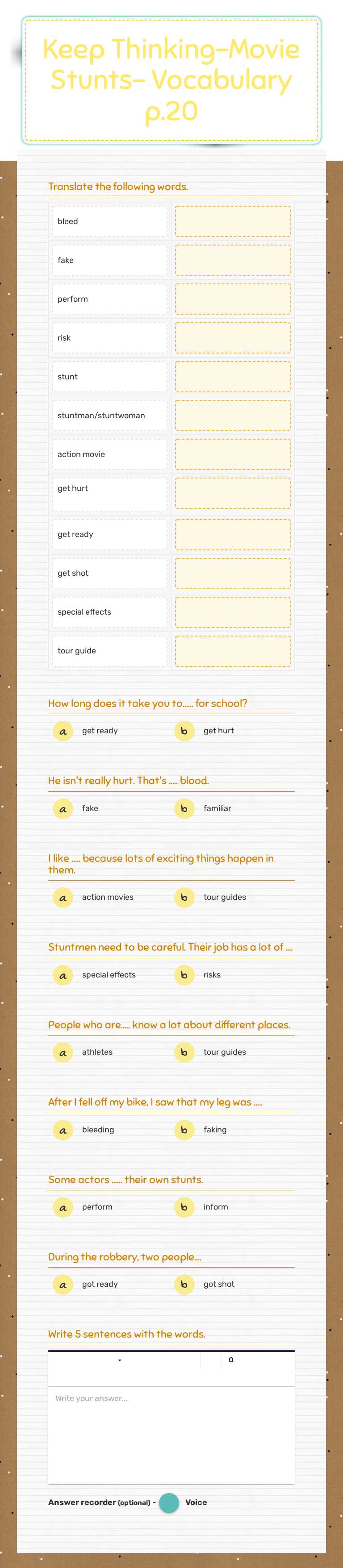 Keep Thinking-Movie Stunts- Vocabulary p.20 Grade 8 worksheet preview