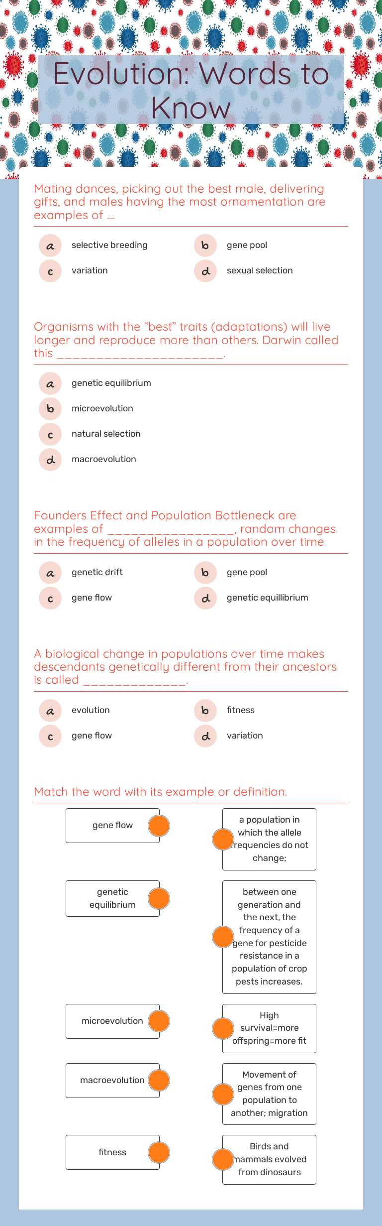 Evolution: Concepts to Know worksheet preview