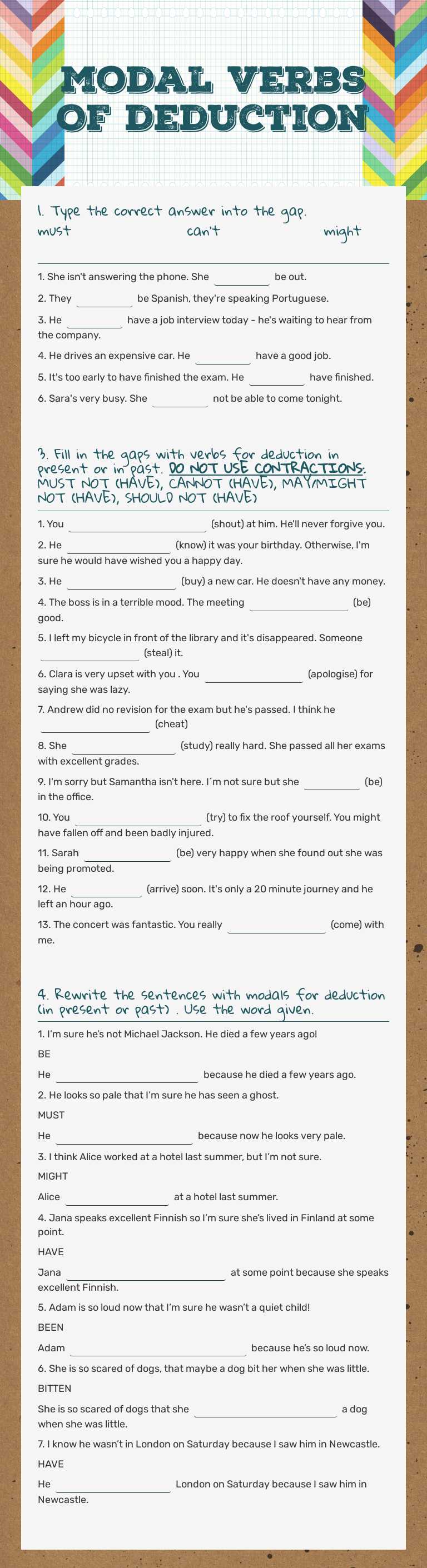 modal verbs OF deduction Other worksheet preview