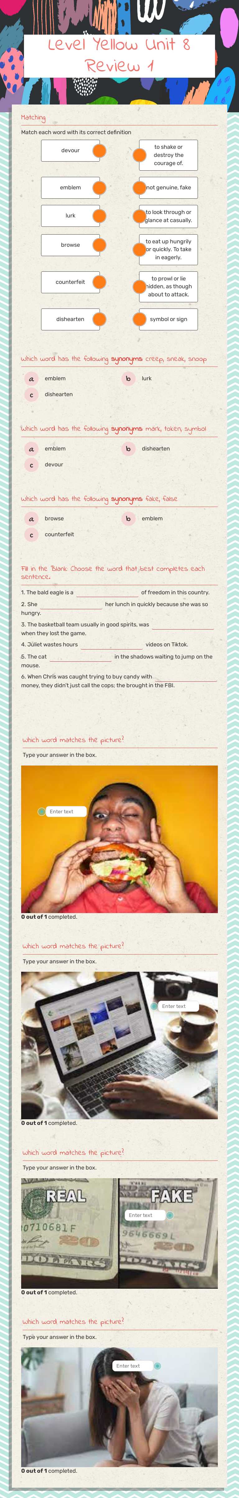 Level Yellow Unit 8 Review 1 worksheet preview