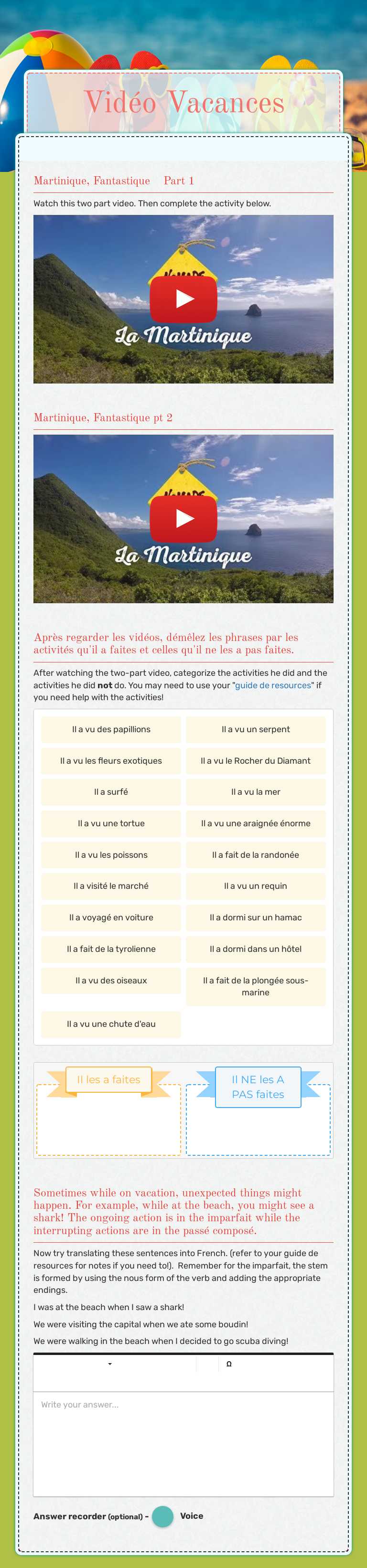 Vidéo Vacances worksheet preview image