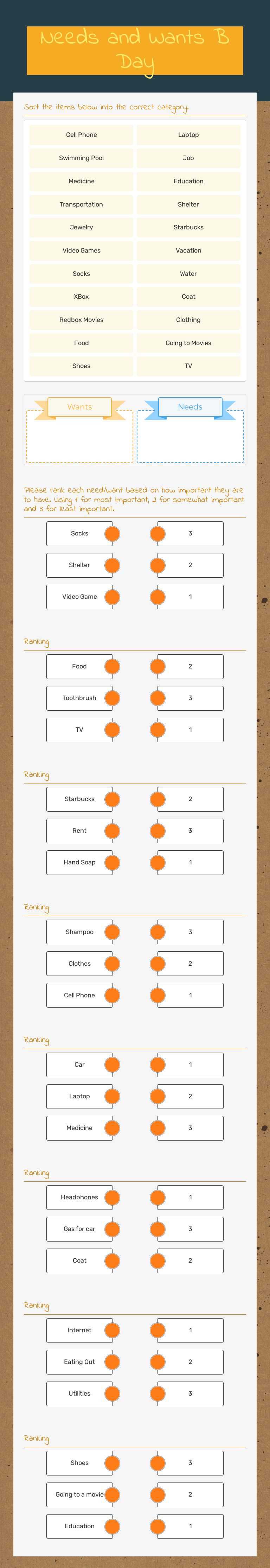 Needs and Wants B Day worksheet preview image