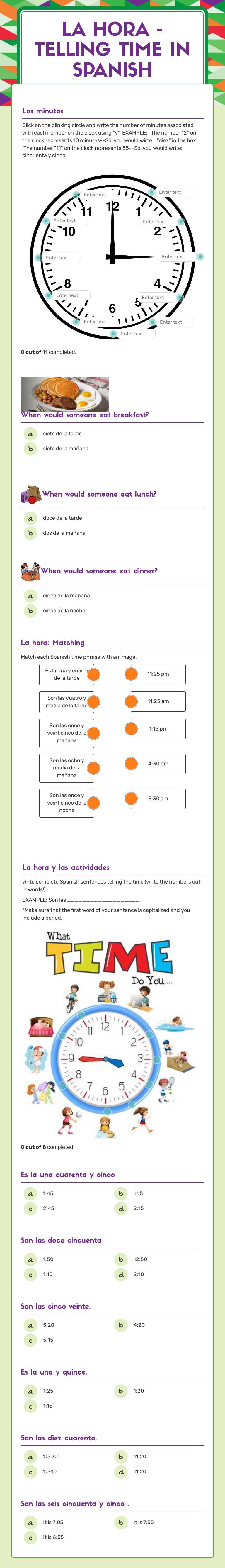 La hora - Telling time in Spanish worksheet preview image