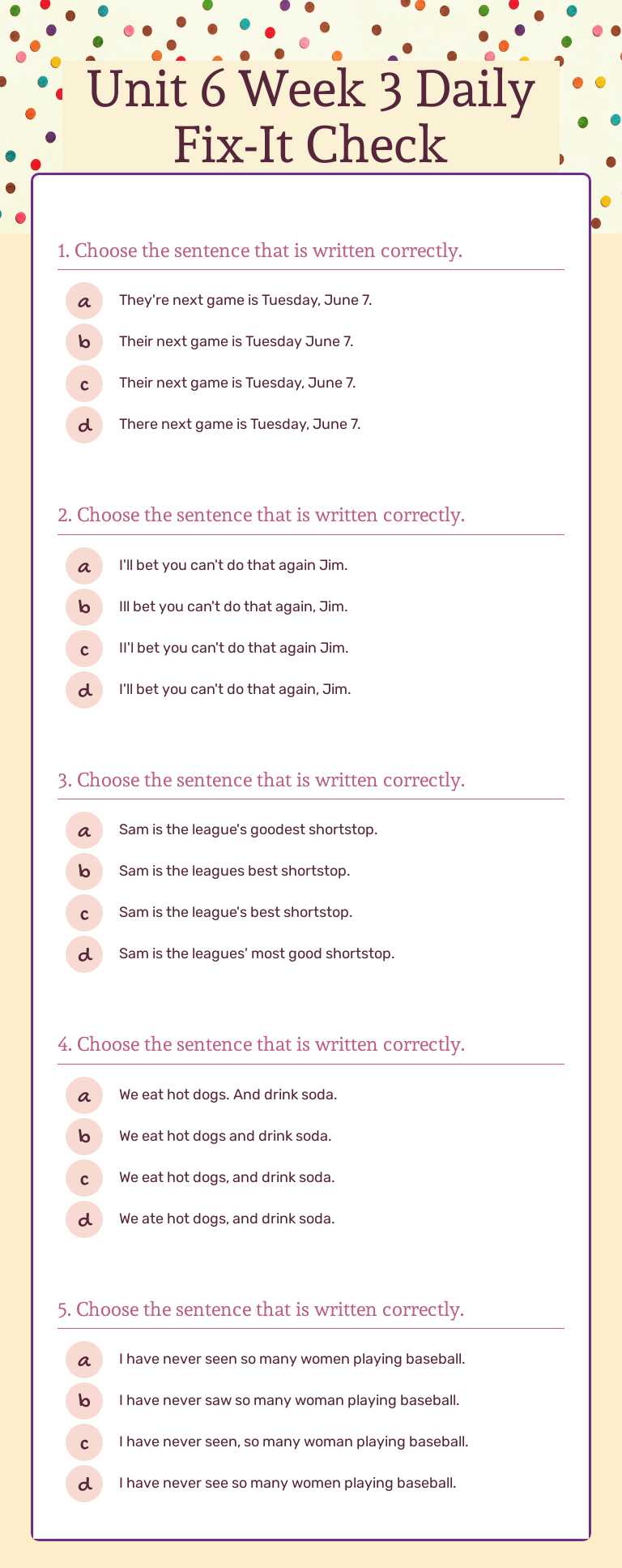Unit 6 Week 3 Daily Fix-It Check worksheet preview image