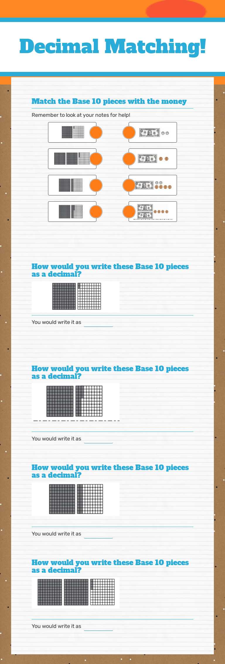 Decimal Matching! Grade 4 worksheet preview