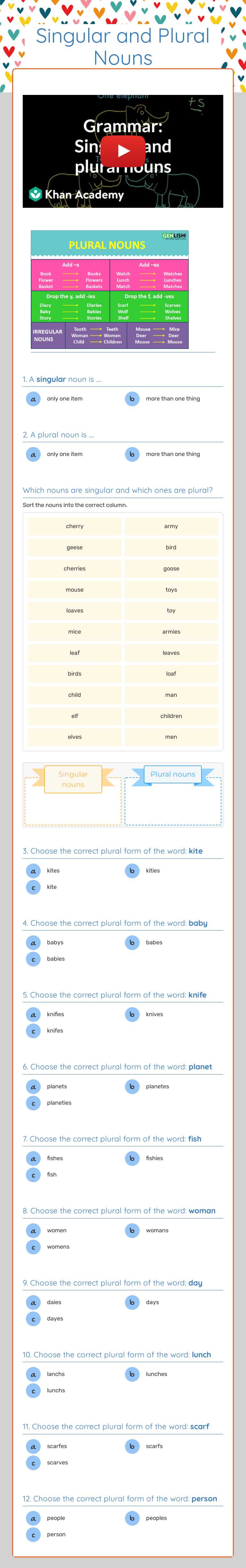 Singular and Plural Nouns worksheet preview image