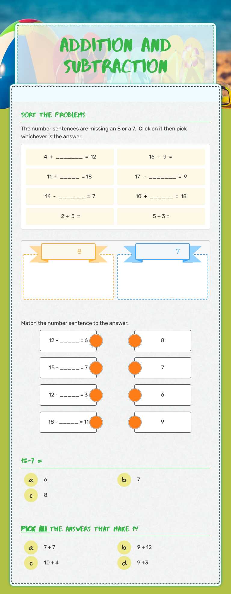 Addition and Subtraction worksheet preview image