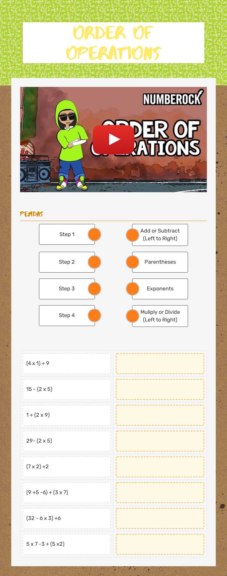 Order of operations worksheet preview image