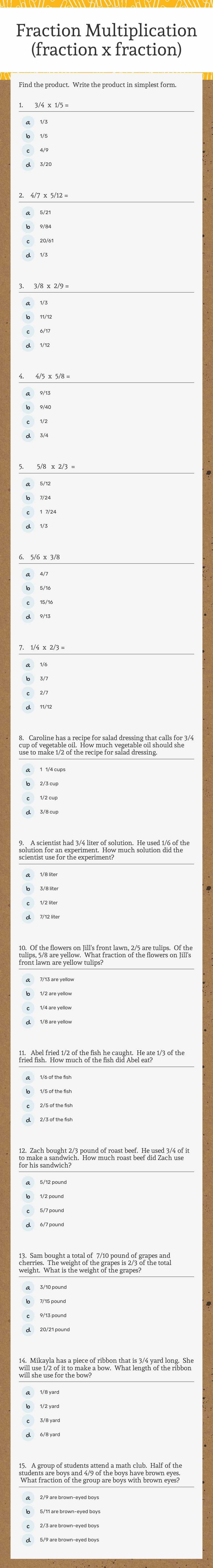 Fraction Multiplication
(fraction x fraction) worksheet preview image