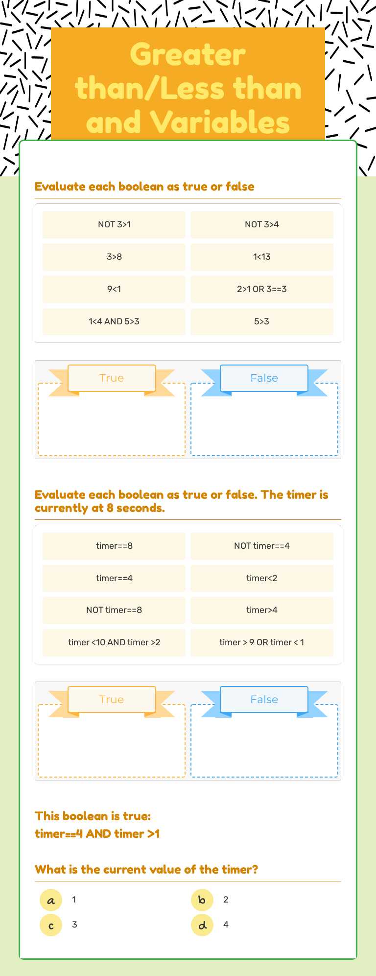 Greater than/Less than and Variables worksheet preview image