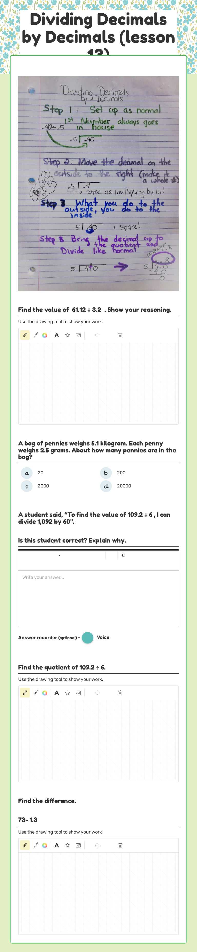 Dividing Decimals by Decimals (lesson 13) worksheet preview image