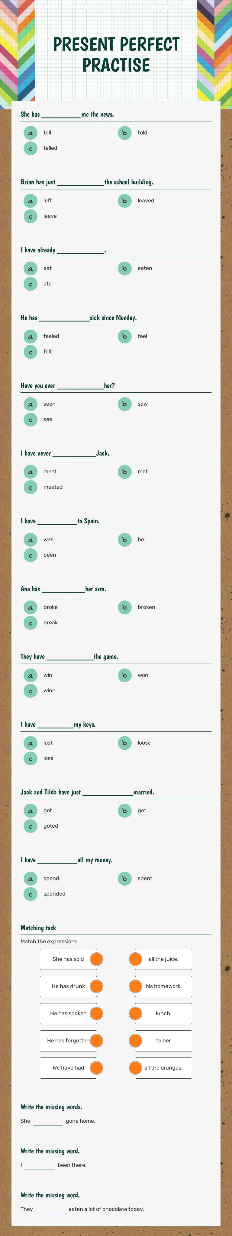 PRESENT PERFECT PRACTISE worksheet preview image