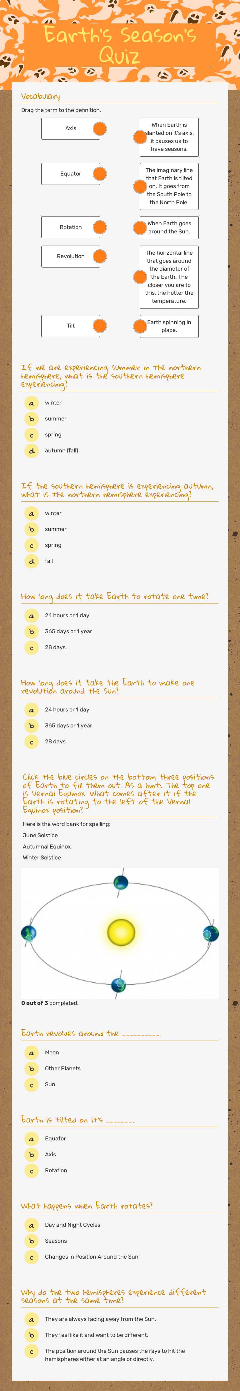 Earth's Season's Quiz worksheet preview image