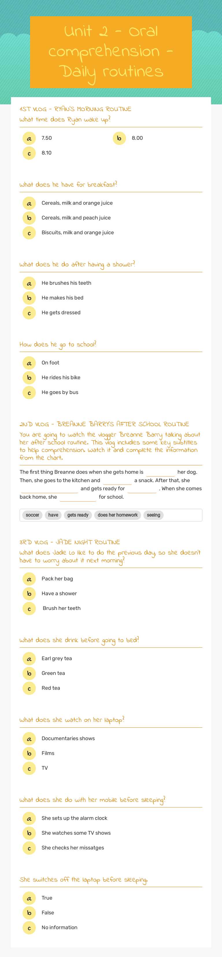 Unit 2 - Oral comprehension - Daily routines worksheet preview image