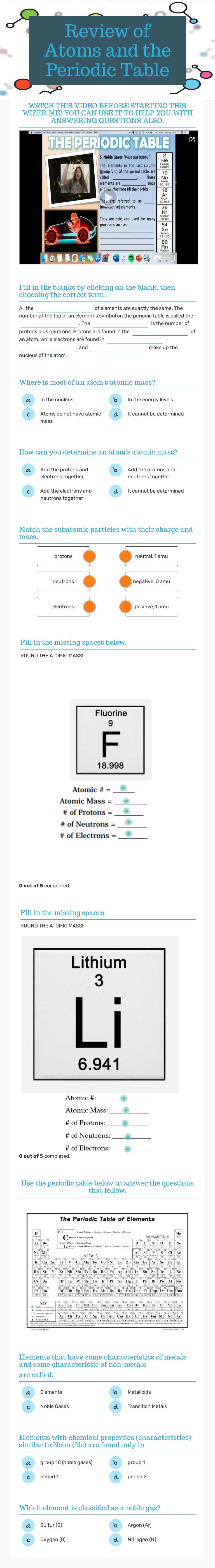 Review of Atoms and the Periodic Table worksheet preview image