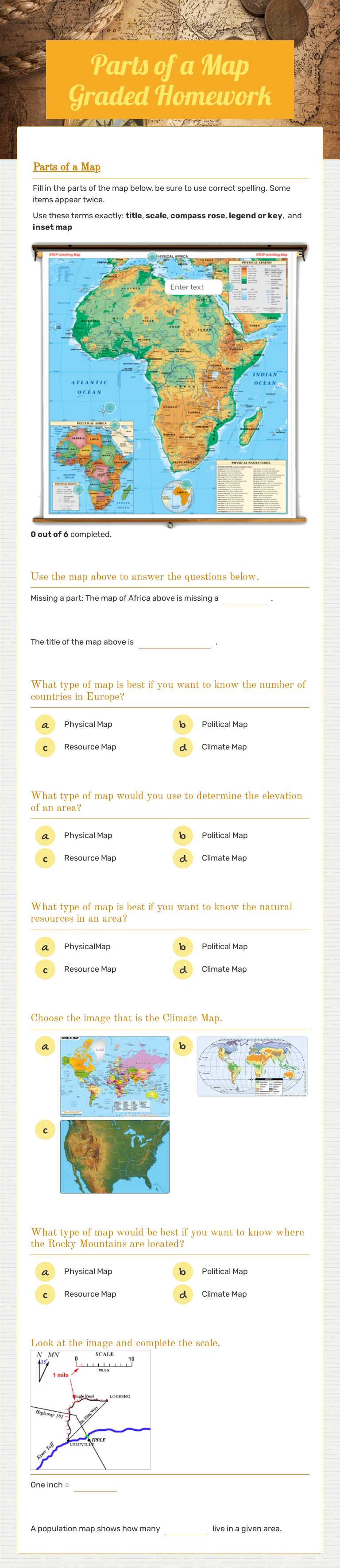 Parts of a Map Graded Homework worksheet preview
