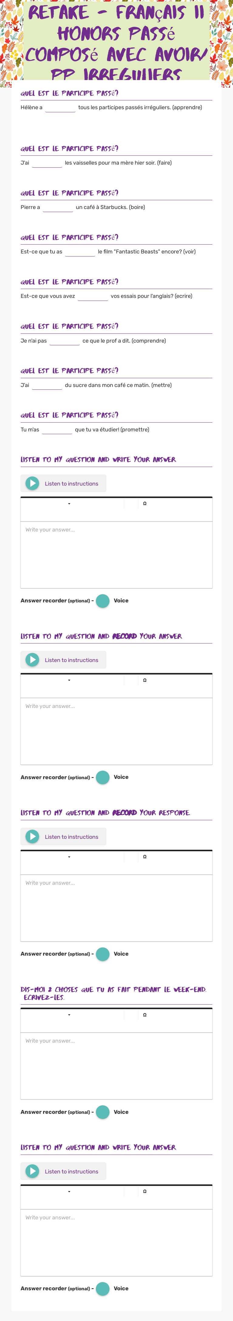 retake - Français II Honors Passé Composé avec Avoir/ PP Irreguliers worksheet preview image