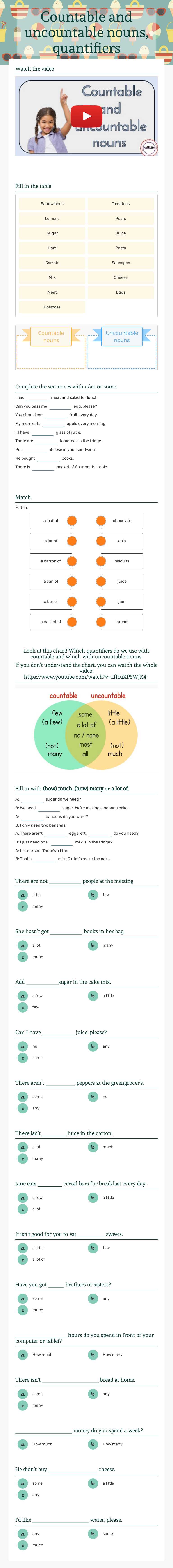 Countable and uncountable nouns, quantifiers worksheet preview image