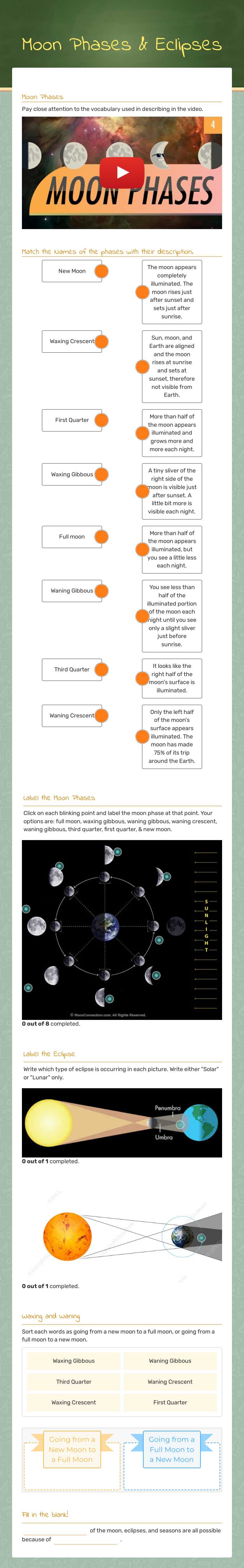 Moon Phases & Eclipses Grade 6 worksheet preview