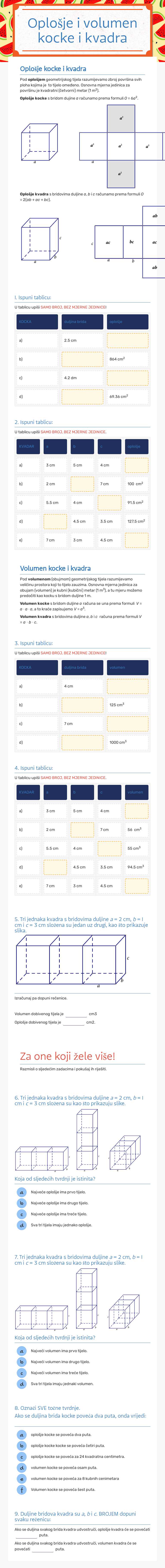 Oplošje i volumen kocke i kvadra Grade 8 worksheet preview