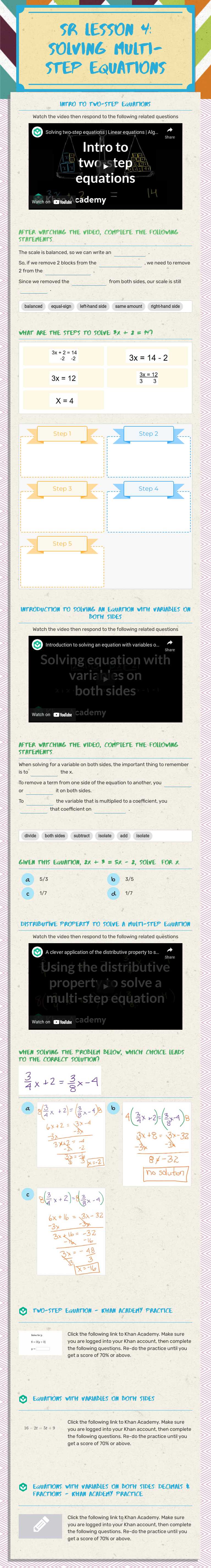 SR Lesson 4: Solving Multi-step equations Grade 10 worksheet preview