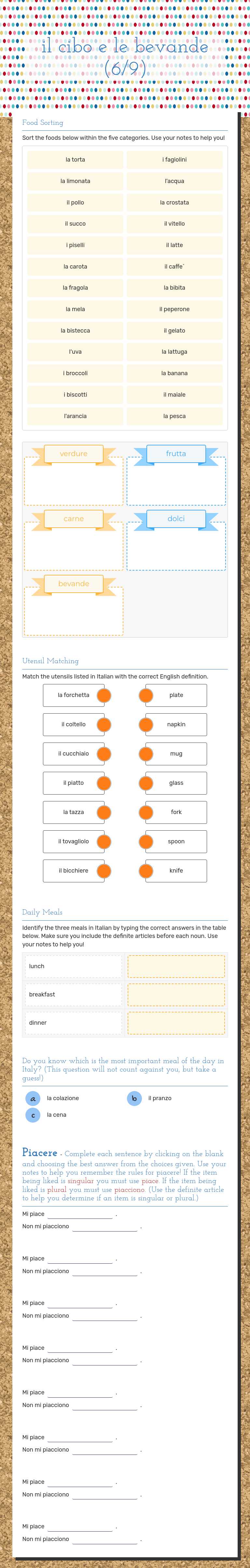 il cibo e le bevande (6/9) worksheet preview image