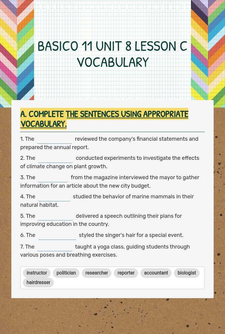 BASICO 11 UNIT 8 LESSON C VOCABULARY worksheet preview image