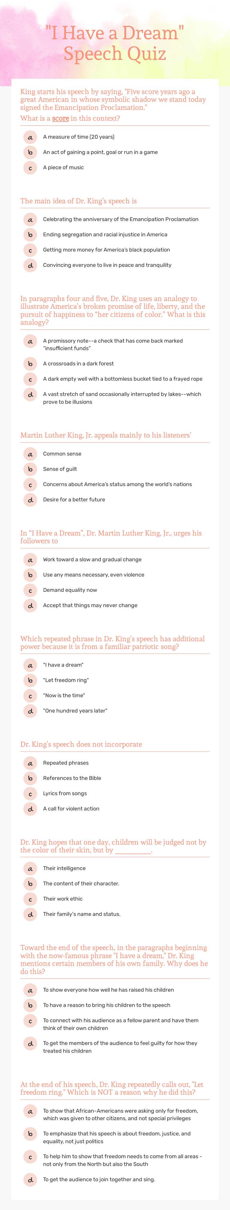 "I Have a Dream" Speech Quiz Grade 8 worksheet preview