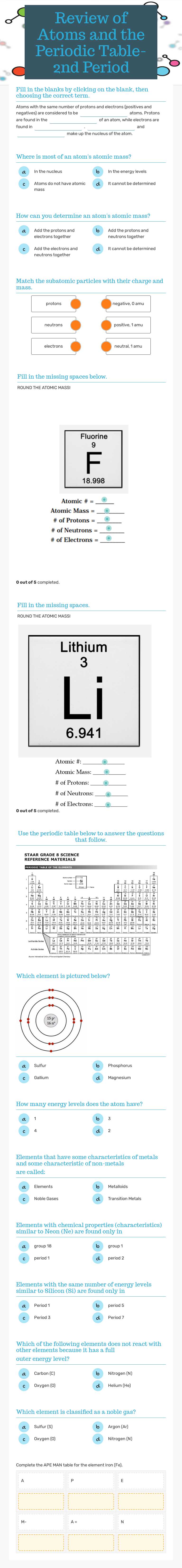 Review of Atoms and the Periodic Table-2nd Period worksheet preview image
