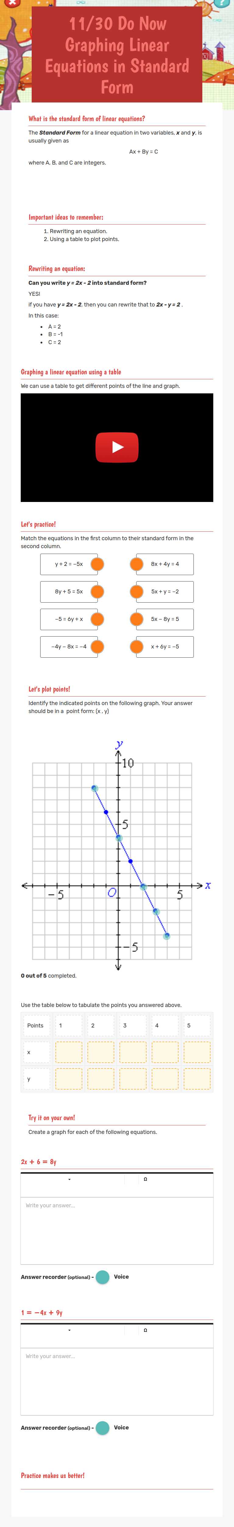 11/30 Do Now Graphing Linear Equations in          Standard Form worksheet preview image
