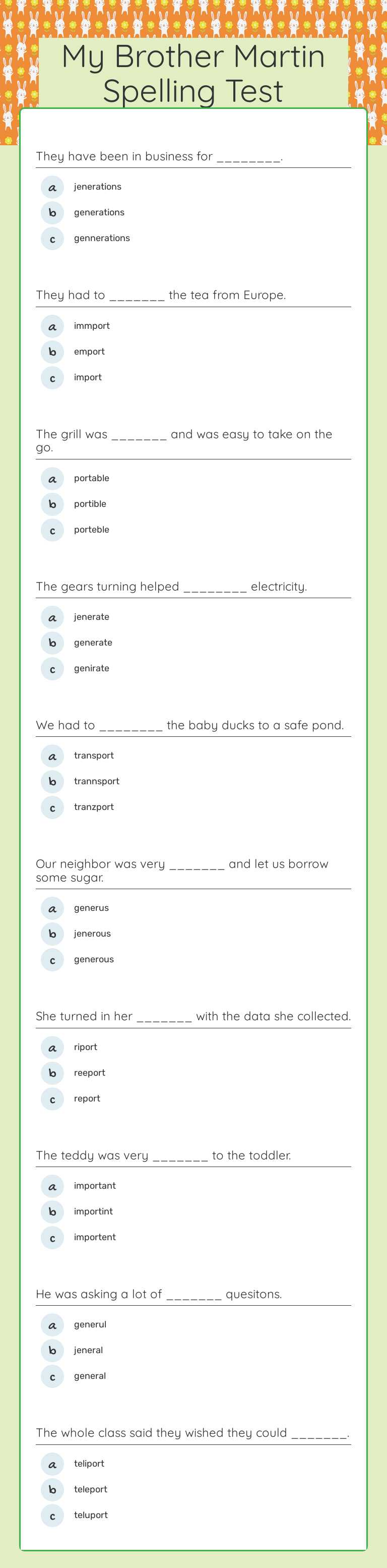 My Brother Martin Spelling Test worksheet preview image