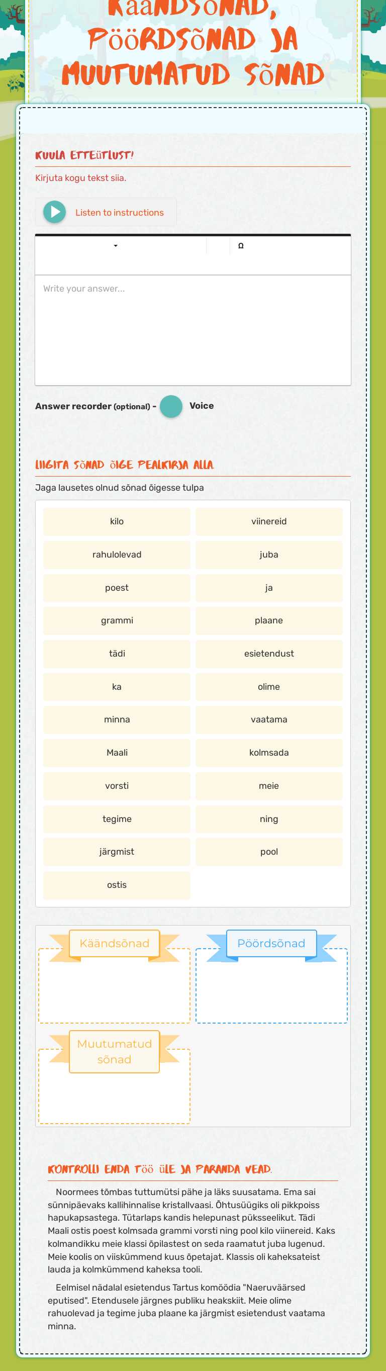 Käändsõnad, pöördsõnad ja muutumatud sõnad worksheet preview image