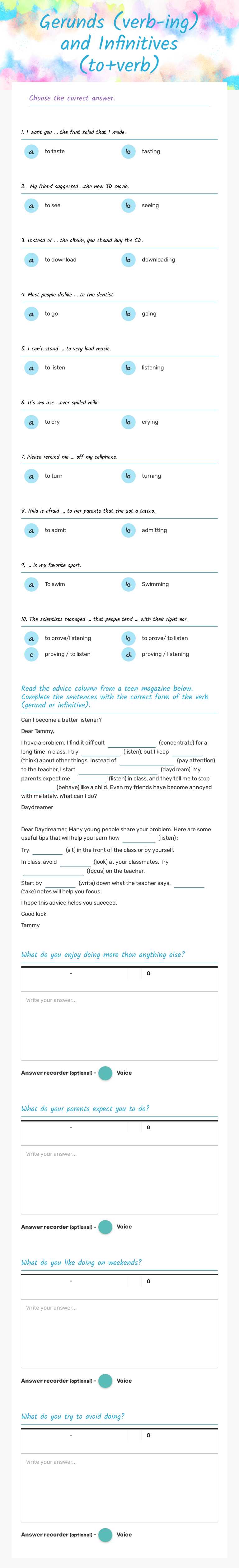 Gerunds (verb-ing) and Infinitives (to+verb) worksheet preview image