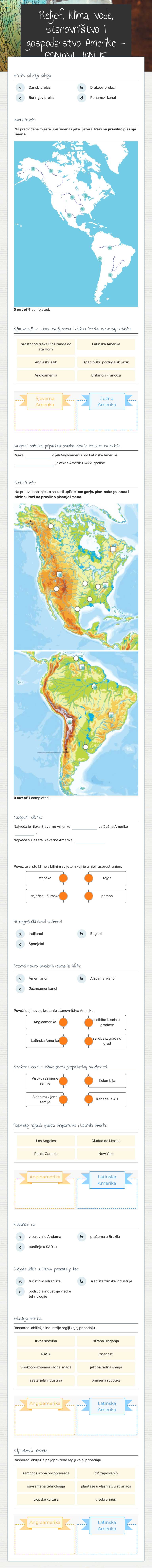 Reljef, klima, vode, stanovništvo i gospodarstvo Amerike  - PONAVLJANJE worksheet preview image