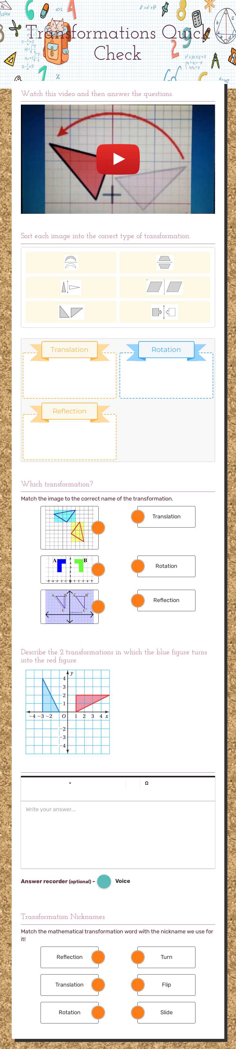 Transformations Quick Check worksheet preview image
