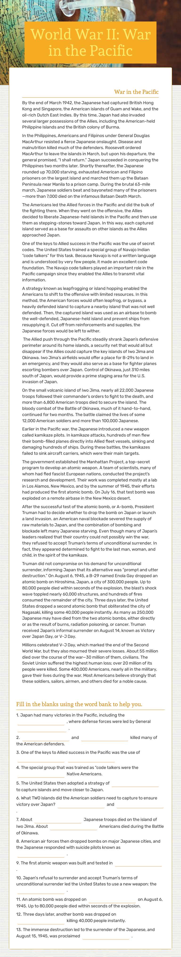 World War II:  War in the Pacific worksheet preview image