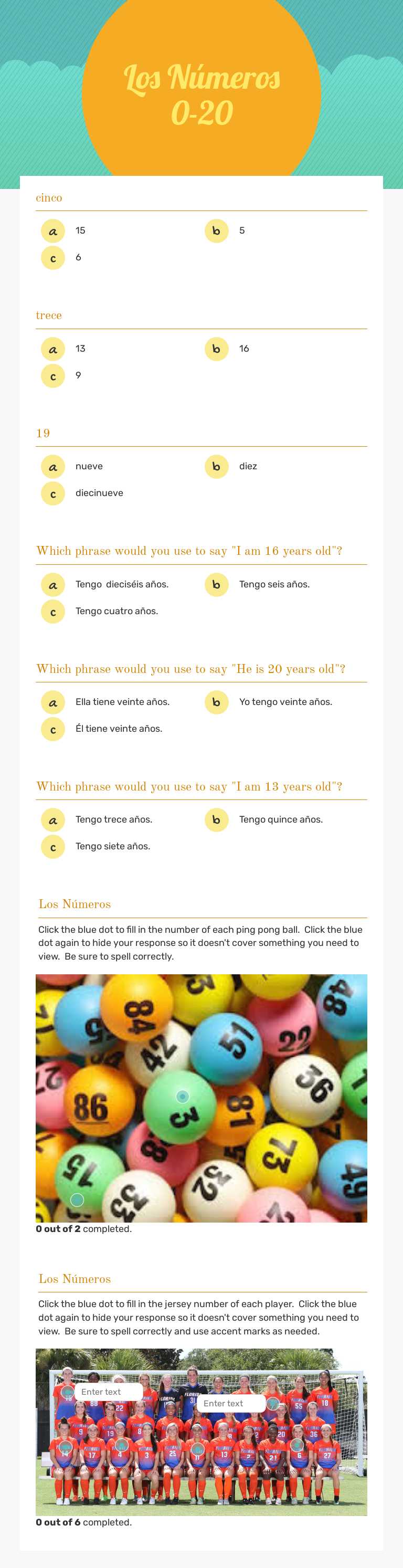 Los Números 0-20 Grade 6 worksheet preview