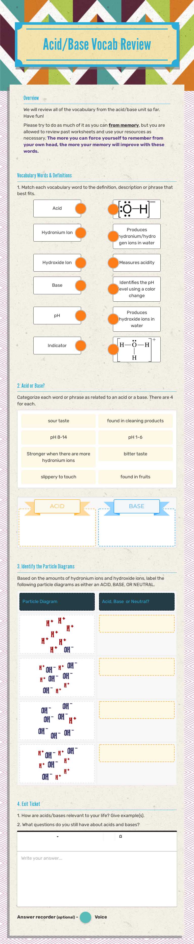 Acid/Base Vocab Review worksheet preview image