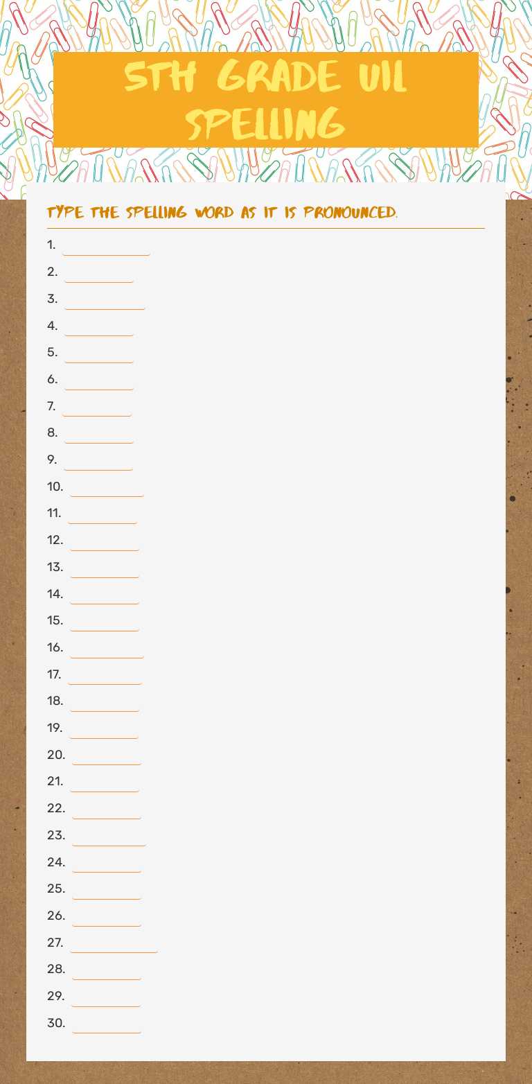5th grade UIL spelling worksheet preview image