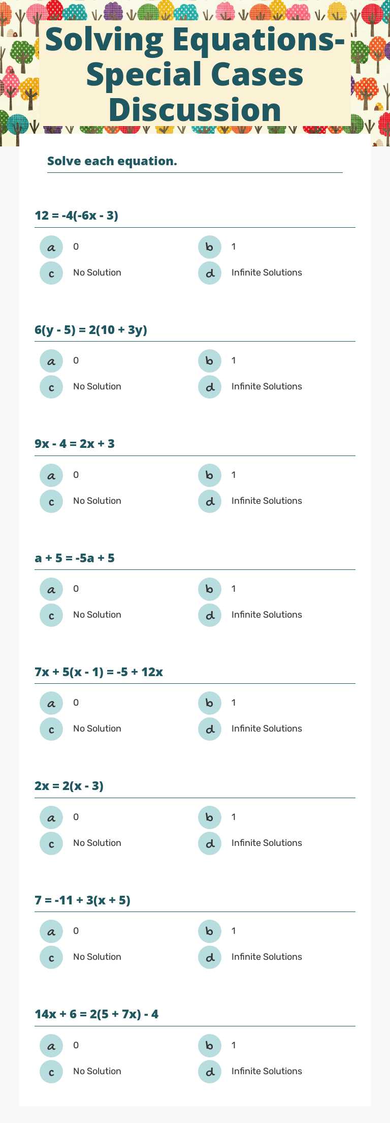 Solving Equations- Special Cases Discussion Grade 8 worksheet preview