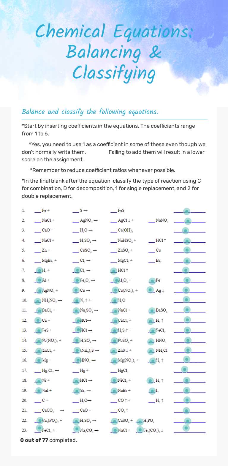 Chemical Equations: Balancing & Classifying worksheet preview image
